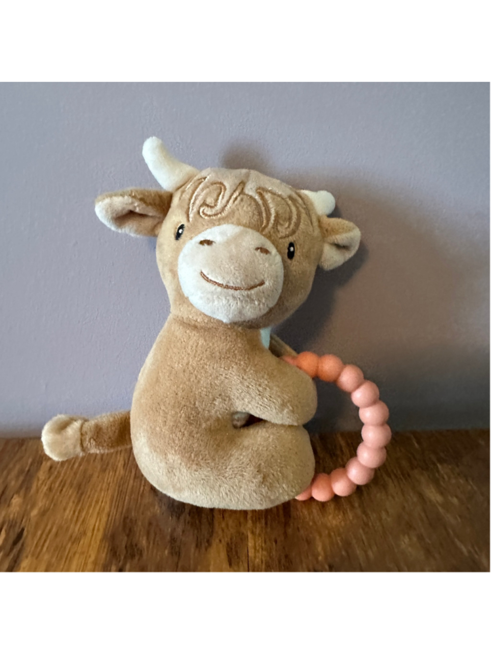 Mary Meyer Highland Cow Teether Plush Beige Pink Silicone Baby Toy 7"